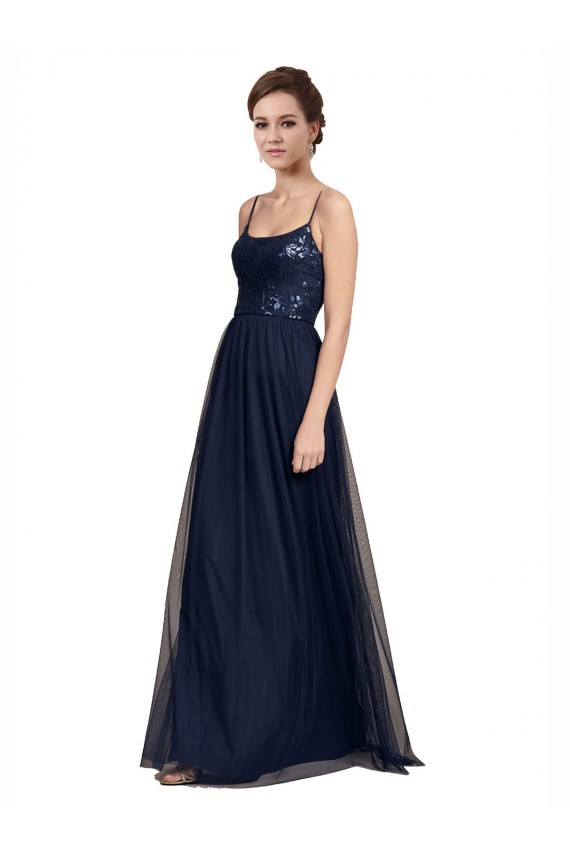 Azul marina oscuro línea A Tirantes espagueti Tul Encaje Largo Vestidos de dama de honor Tiendas