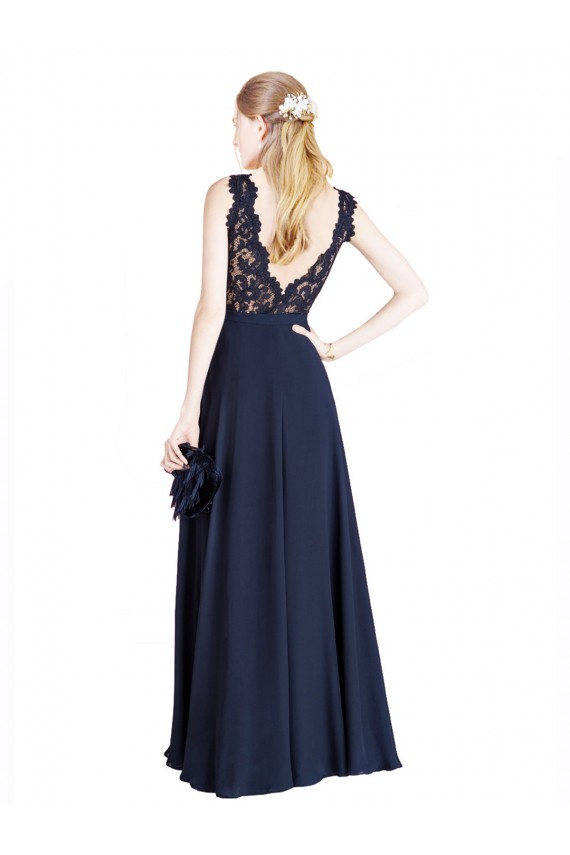 Azul marina oscuro línea A Ilusión Gasa Encaje Largo Vestidos de dama de honor / Vestidos de fiesta Tiendas
