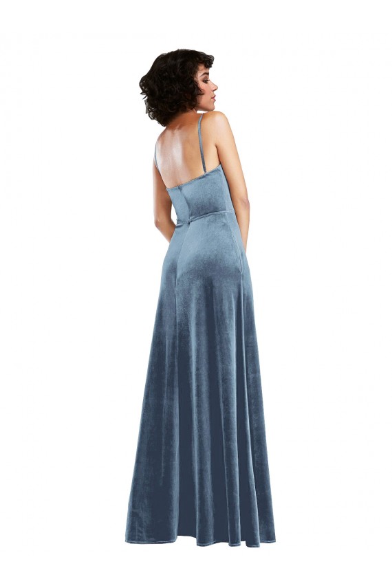 Azul polvoriento Cubierta Terciopelo Elástico Largo Vestidos de dama de honor / Vestidos de fiesta Tiendas