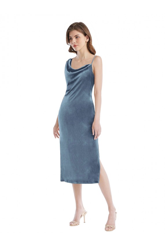 Azul polvoriento Cubierta Un Hombre Terciopelo Elástico Largo Vestidos de dama de honor / Vestidos de fiesta Tiendas