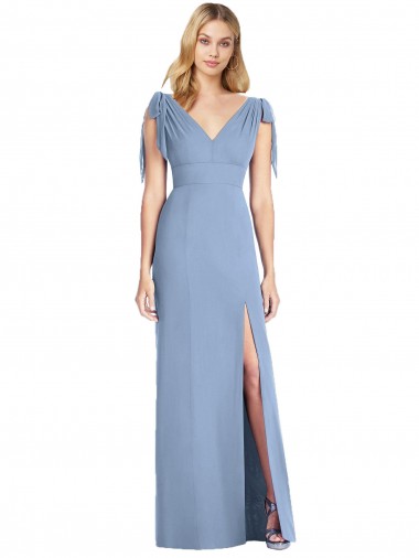 Azul polvoriento Sirena Cuello en V Gasa Largo Vestidos de dama de honor Tiendas