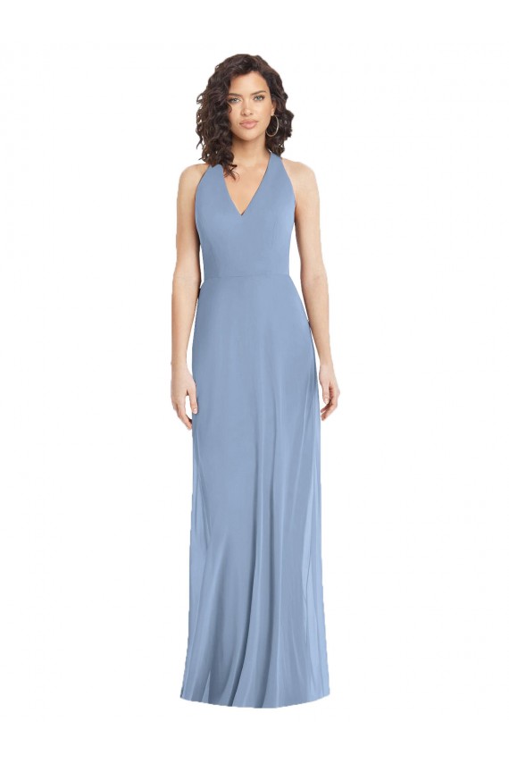 Azul polvoriento Trompeta Halter Cuello en V Gasa Largo Formales Vestidos de dama de honor / Vestidos de noche Tiendas