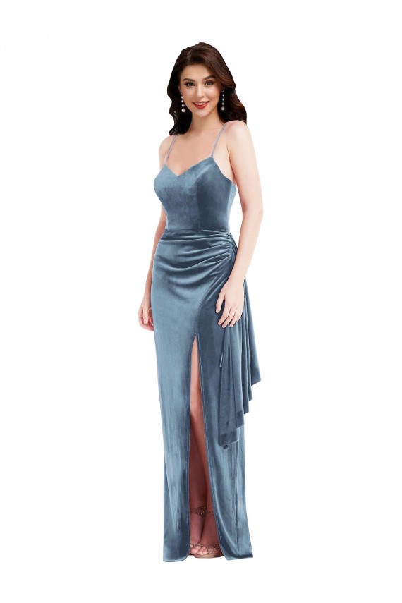 Azul polvoriento Trompeta Tirantes espagueti Terciopelo Elástico Largo Formales Vestidos de dama de honor / Vestidos de fiesta Tiendas