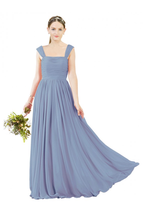 Azul polvoriento línea A Cuadrado Gasa Largo Vestidos de dama de honor Tiendas