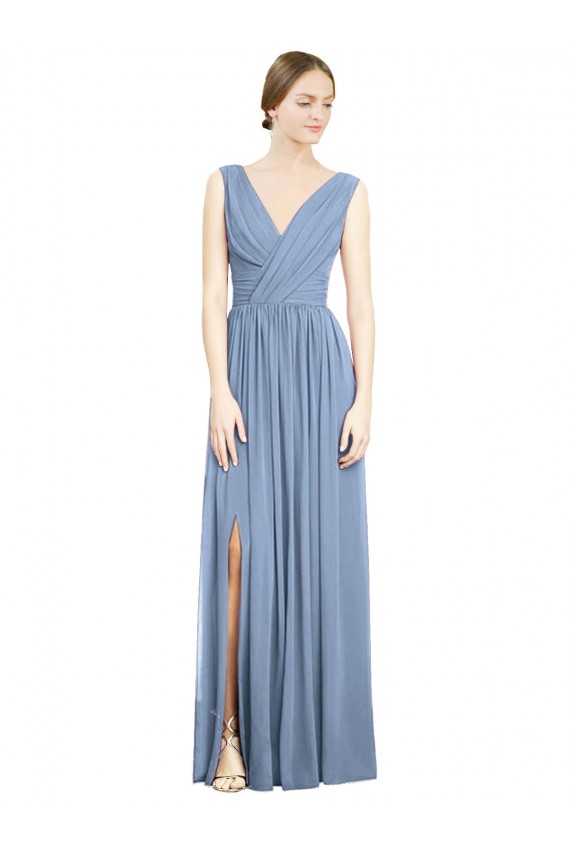 Azul polvoriento línea A Cuello en V Gasa Largo Vestidos de dama de honor Tiendas