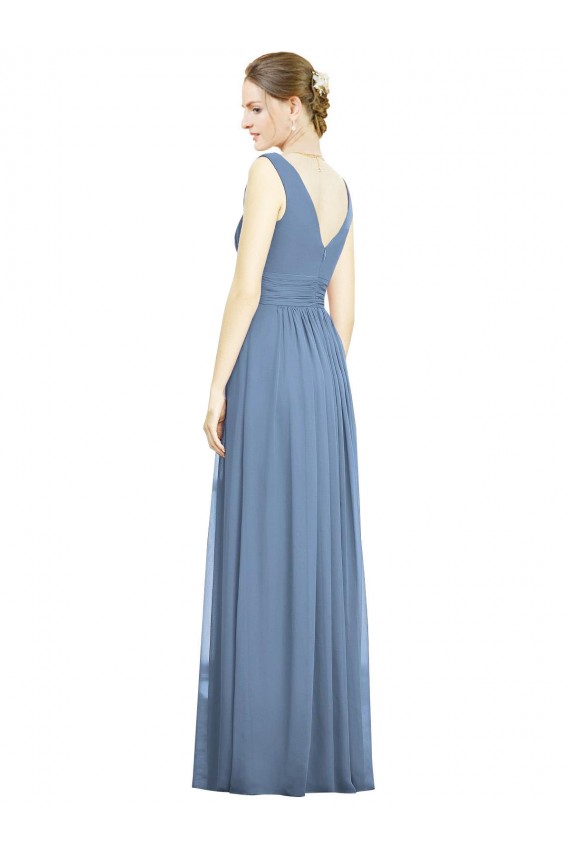 Azul polvoriento línea A Cuello en V Gasa Largo Vestidos de dama de honor Tiendas