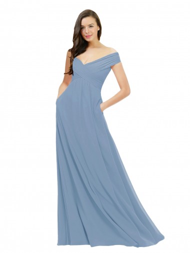 Azul polvoriento línea A Hombros Descubiertos Gasa Largo Vestidos de dama de honor Tiendas