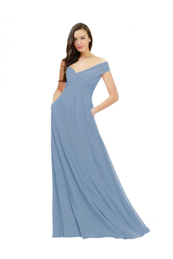 Azul polvoriento línea A Hombros Descubiertos Gasa Largo Vestidos de dama de honor Tiendas