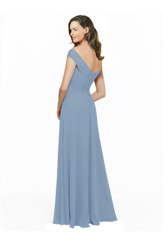 Azul polvoriento línea A Hombros Descubiertos Gasa Largo Vestidos de dama de honor Tiendas