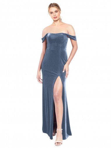 Azul polvoriento línea A Hombros Descubiertos Sin tirantes Terciopelo Elástico Largo Vestidos de dama de honor / Vestidos de fiesta Tiendas