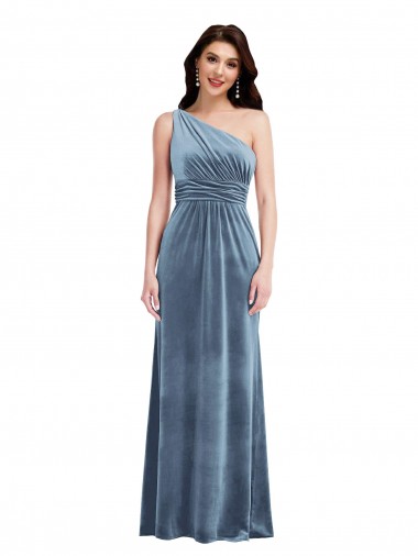 Azul polvoriento línea A Hombros Descubiertos Terciopelo Elástico Largo Vestidos de dama de honor / Vestidos de fiesta Tiendas