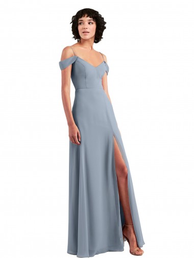 Azul polvoriento línea A Hombros Descubiertos Tirantes espagueti Gasa Largo Vestidos de dama de honor Tiendas