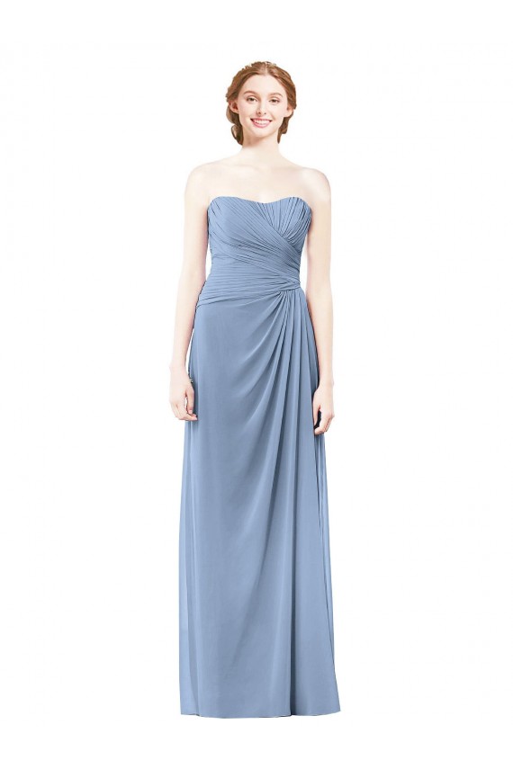 Azul polvoriento línea A Sin tirantes Gasa Largo Vestidos de dama de honor Tiendas