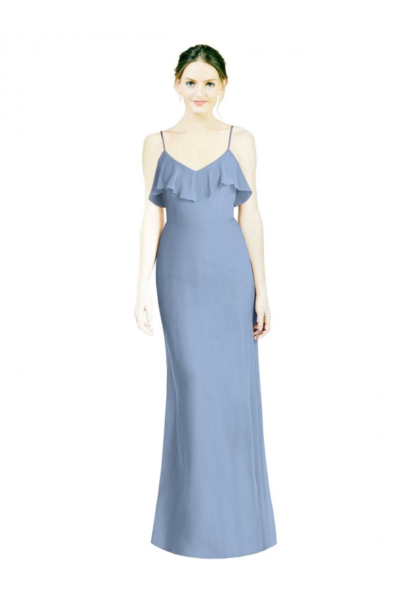 Azul polvoriento línea A Tirantes espagueti Cuello en V Gasa Largo Vestidos de dama de honor Tiendas