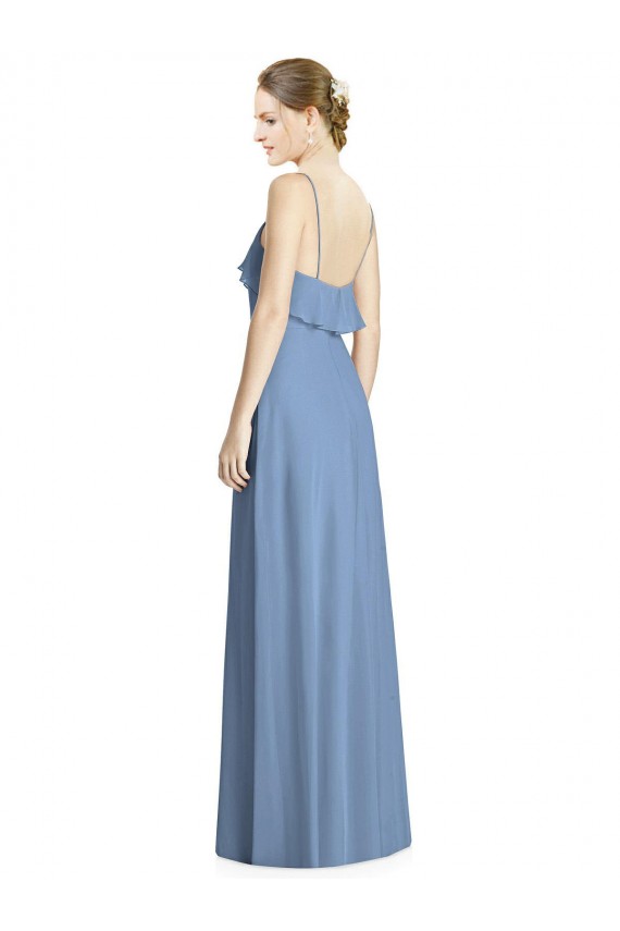 Azul polvoriento línea A Tirantes espagueti Cuello en V Gasa Largo Vestidos de dama de honor Tiendas