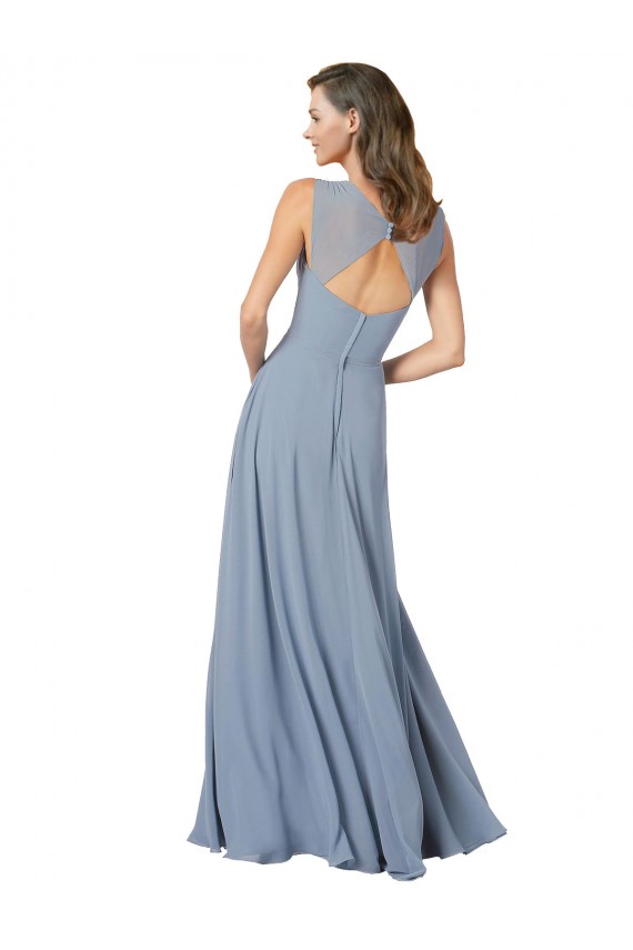 Azul polvoriento línea A Tirantes espagueti Cuello en V Gasa Largo Vestidos de dama de honor Tiendas