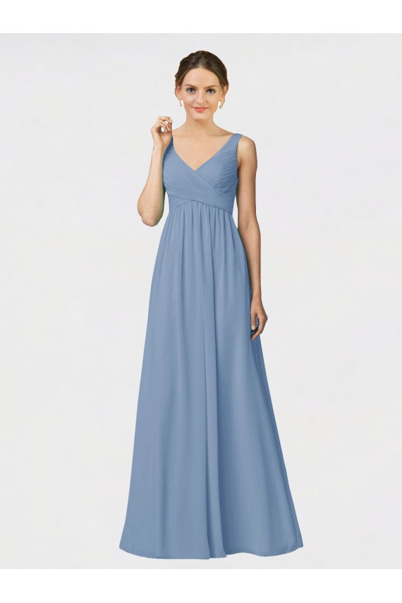 Azul polvoriento línea A Tirantes espagueti Gasa Largo Vestidos de dama de honor Tiendas