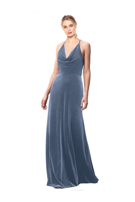 Azul polvoriento línea A Tirantes espagueti Halter Terciopelo Elástico Largo Vestidos de dama de honor / Vestidos de fiesta Tiendas