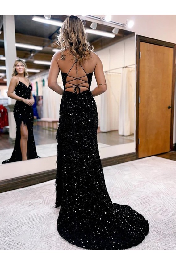 Azul real Cubierta Cuello en V Barrer tren Lentejuelas Terciopelo Largo Vestidos de fiesta Tiendas