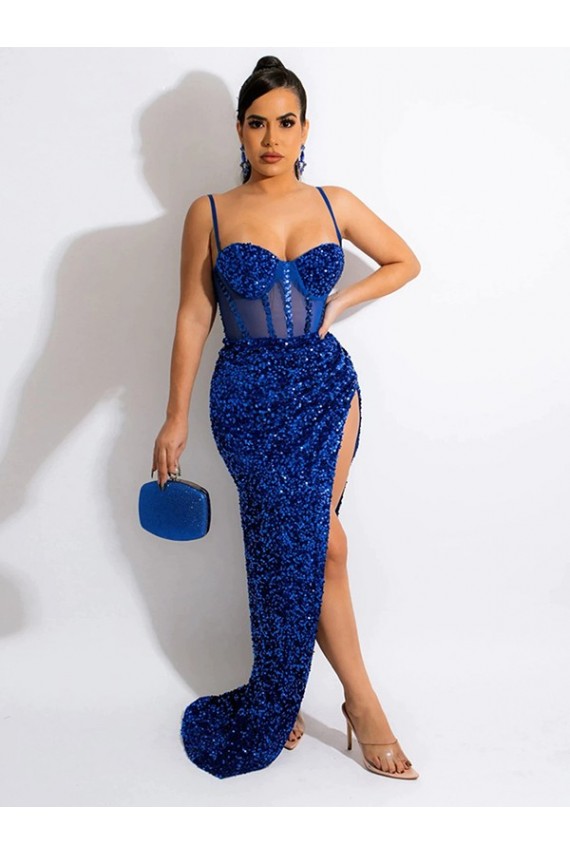 Azul real Cubierta Tirantes espagueti Barrer tren Lentejuelas Terciopelo Largo Vestidos de fiesta Tiendas