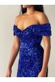 Azul real Sirena Hombros Descubiertos Barrer tren Lentejuelas Terciopelo Largo Vestidos de fiesta Tiendas