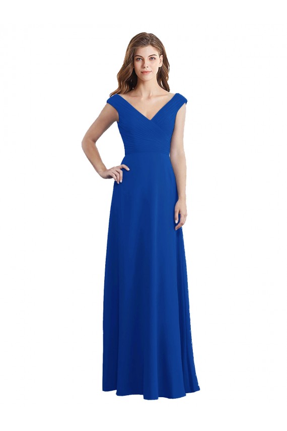 Azul real línea A Cuello en V Gasa Largo Vestidos de dama de honor Tiendas