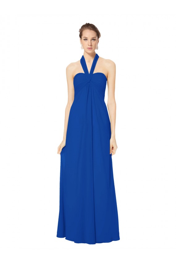 Azul real línea A Halter Gasa Largo Vestidos de dama de honor Tiendas