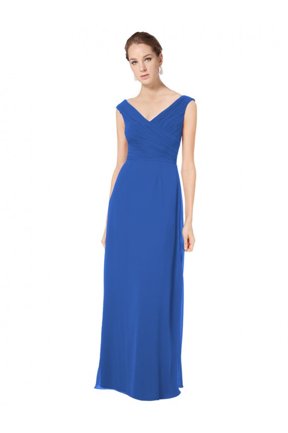 Azul real línea A Hombros Descubiertos Cuello en V Gasa Largo Vestidos de dama de honor Tiendas