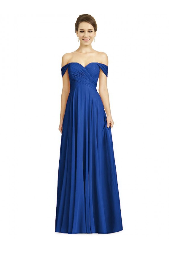 Azul real línea A Hombros Descubiertos Gasa Largo Vestidos de dama de honor Tiendas