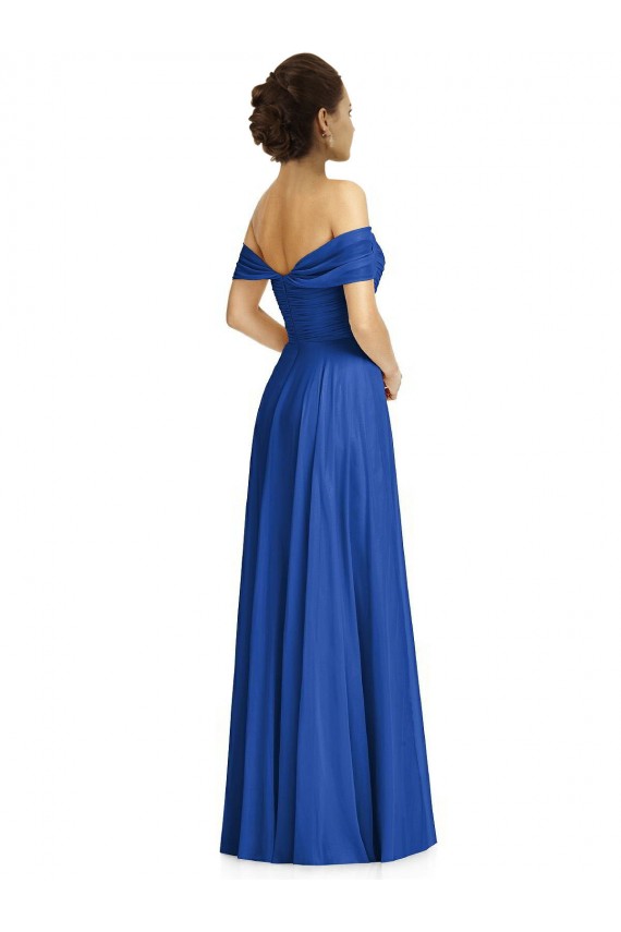 Azul real línea A Hombros Descubiertos Gasa Largo Vestidos de dama de honor Tiendas
