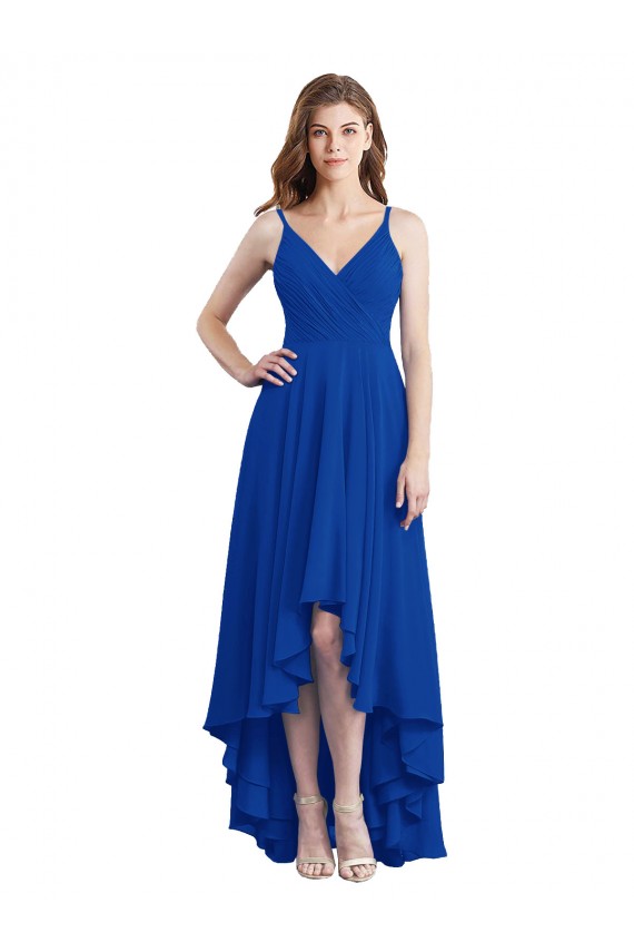 Azul real línea A Tirantes espagueti Gasa Largo Asimétrico Vestidos de dama de honor Tiendas