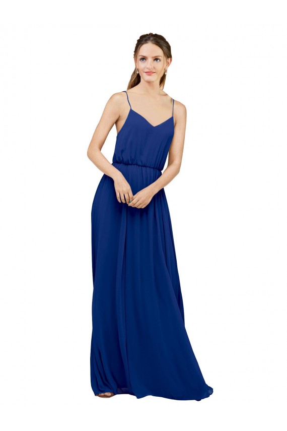 Azul real línea A Tirantes espagueti Gasa Largo Vestidos de dama de honor Tiendas