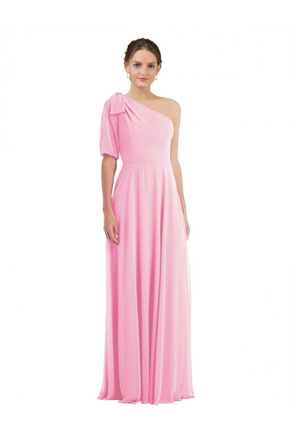 Barely rosa Trompeta Un Hombre Gasa Largo Vestidos de dama de honor Tiendas