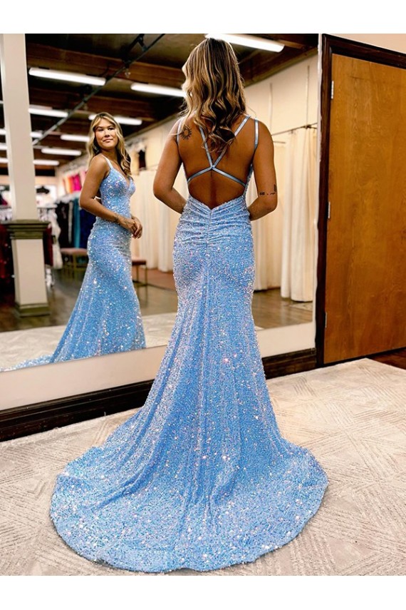 Bígaro Cubierta Cuello en V Barrer tren Lentejuelas Terciopelo Largo Vestidos de fiesta Tiendas