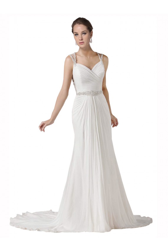 Blanco Cubierta Cuello de Corazón Cola capilla Gasa Playa Vestidos de novia Tiendas