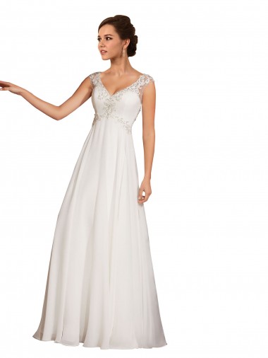 Blanco Cubierta Cuello en V Cola capilla Gasa Encaje Vestidos de novia Tiendas