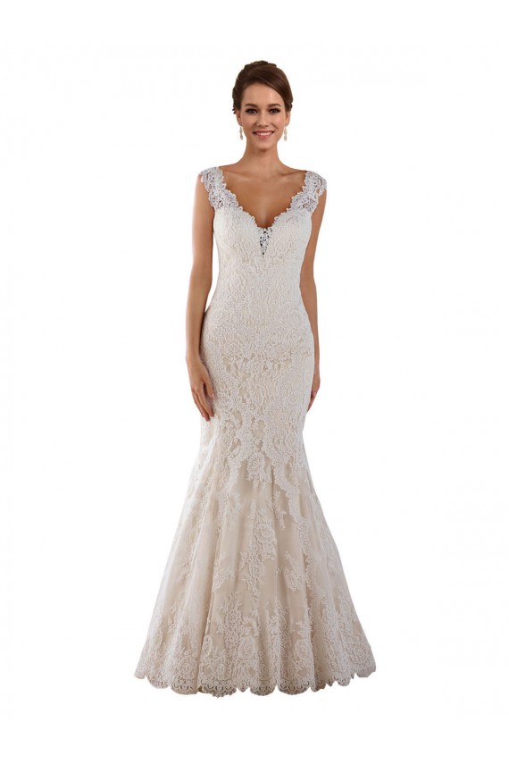 Blanco Sirena Cuello en V Cola capilla Encaje Vestidos de novia Tiendas