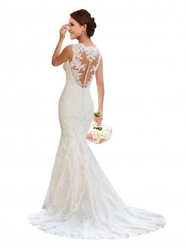 Blanco Sirena Cuello en V Cola capilla Encaje Vestidos de novia Tiendas