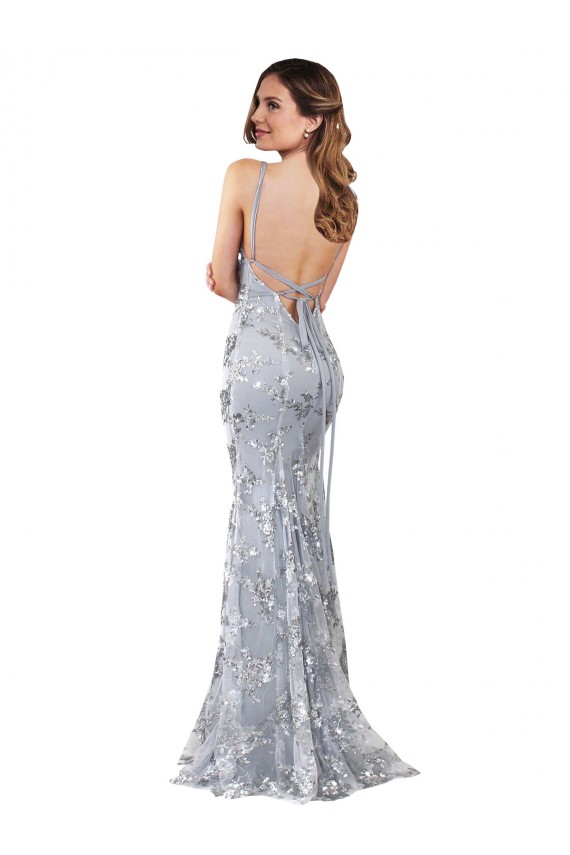 Plata Sirena Cuello en V Cuello Alto Crepé Elástico Lentejuela Tul Largo Formales Vestidos de dama de honor / Vestidos de fiesta Tiendas