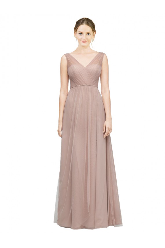 Blush línea A Cuello en V Tul Largo Vestidos de dama de honor Tiendas