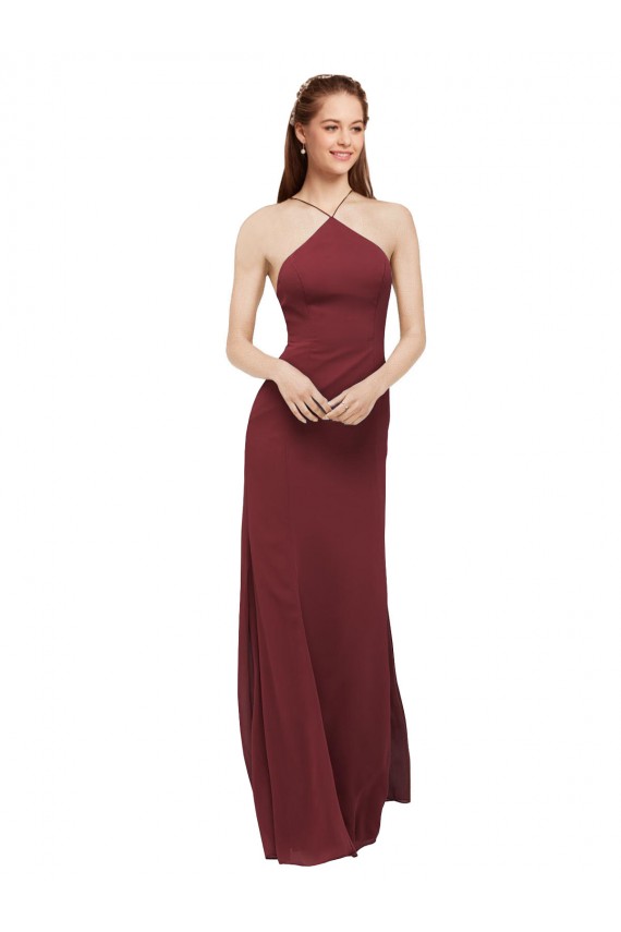 Borgoña Cubierta Halter Gasa Largo Vestidos de dama de honor Tiendas