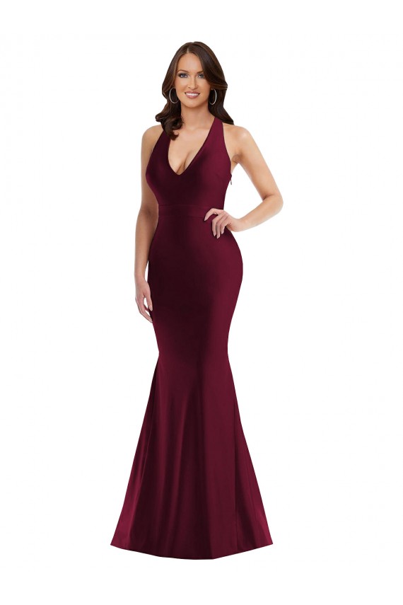 Borgoña Sirena Cuello en V Satén sedoso Largo Formales Vestidos de dama de honor / Vestidos de fiesta Tiendas