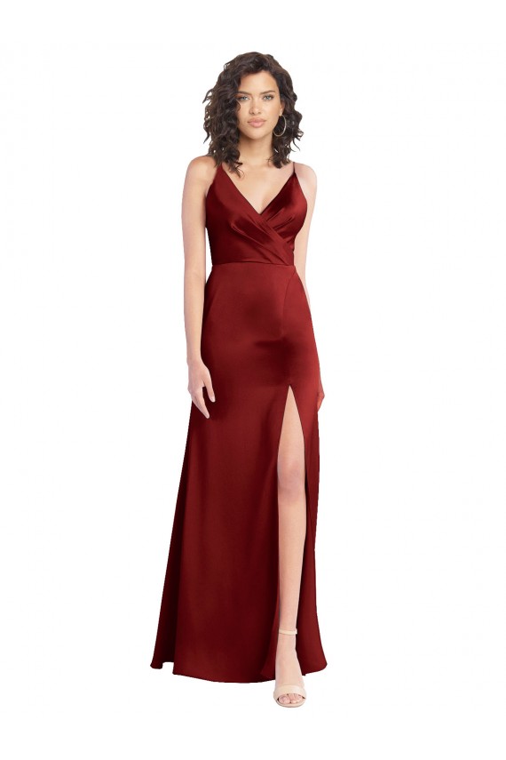 Borgoña línea A Cuello en V Satén elástico Largo Formales Vestidos de dama de honor / Vestidos de fiesta Tiendas
