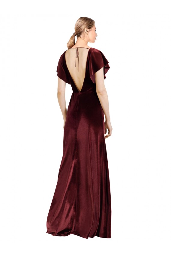 Borgoña línea A Cuello en V Terciopelo Elástico Largo Vestidos de dama de honor / Vestidos de fiesta Tiendas