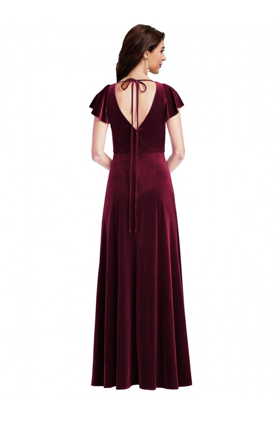 Borgoña línea A Cuello en V Terciopelo Elástico Largo Vestidos de dama de honor / Vestidos de fiesta Tiendas