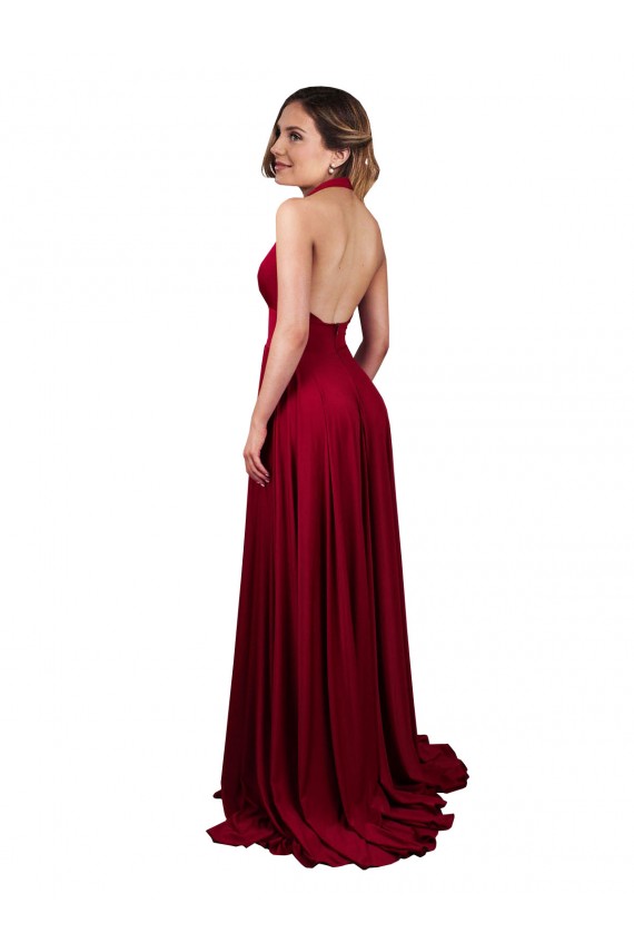 Borgoña línea A Halter Cuello en V Spandex Largo Formales Vestidos de dama de honor / Vestidos de fiesta Tiendas