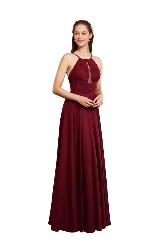Borgoña línea A Tirantes espagueti Halter Gasa Largo Vestidos de dama de honor Tiendas
