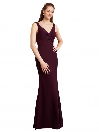 Borgoña oscuro Sirena Cuello en V Gasa Largo Vestidos de dama de honor Tiendas