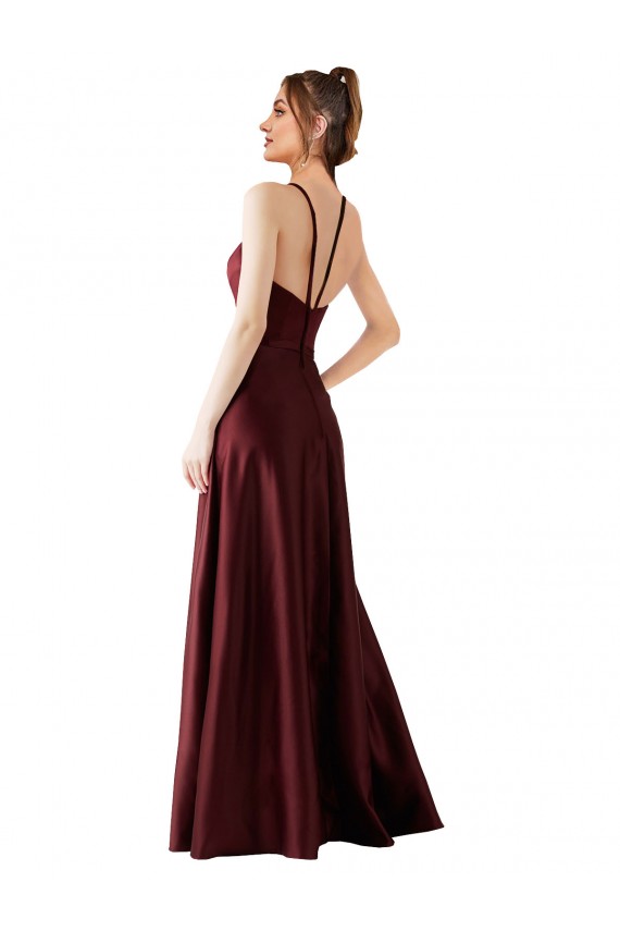 Borgoña oscuro línea A Halter Satén Largo Vestidos de dama de honor / Vestidos de fiesta Tiendas