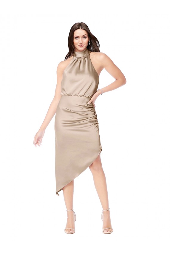 Champán Rosa línea A Halter Midi Satén sedoso Corto Asimétrico Vestidos de dama de honor / Vestidos de fiesta / Vestidos de cóctel / Vestidos para homecoming Tiendas